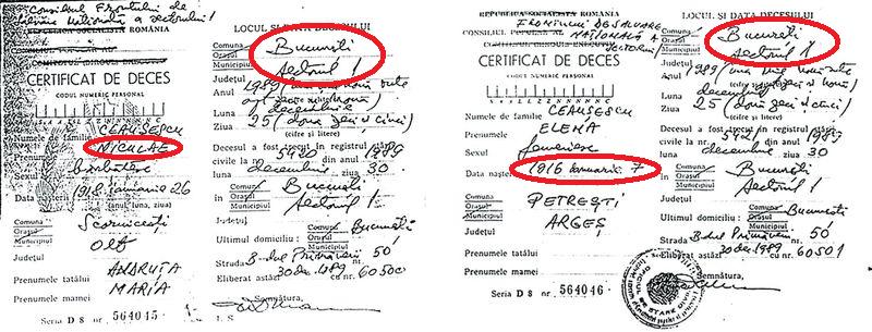 Certificatele de deces ale soţilor Ceauşescu