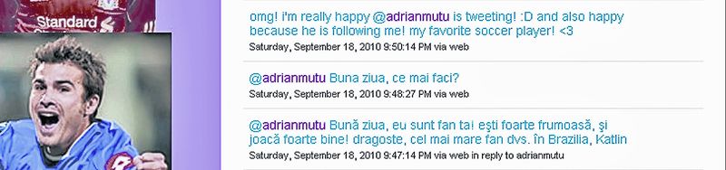 Pe site-ul de socializare twitter, Adrian Mutu a fost asaltat cu declaraţii de dragoste scrise în limba română de o sud-americancă Pe site-ul de socializare twitter, Adrian Mutu a fost asaltat cu declaraţii de dragoste scrise în limba română de o sud-americancă