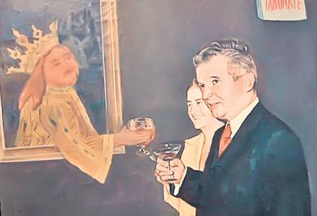 În tabloul pictat de Dan Hatmanu, Nicolae şi Elena Ceauşescu ciocnesc un pahar cu voievodul Ştefan cel Mare