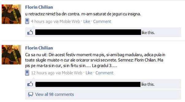 Chilian, criză de furie pe Facebook: "Îmi bag p**a în slugile serviciilor secrete"