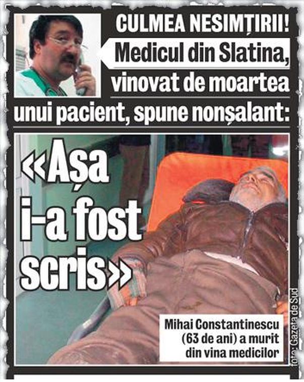 TRAGEDIE ÎN SPITALUL GROAZEI DIN SLATINA! Încă un mort, din cauza aceluiaşi medic