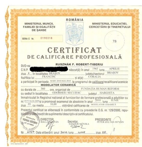 Aşa arată o diplomă de olar