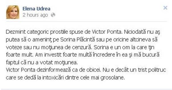 Udrea: Nu am ameninţat-o pe Plăcintă