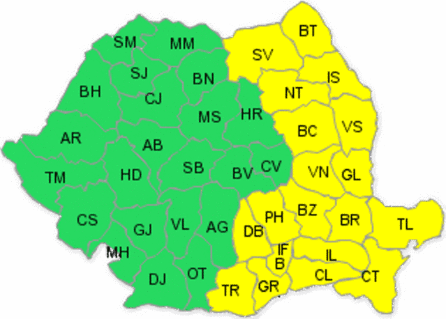 Cod galben de ploi torenţiale, vijelii, grindină în Bucureşti şi 19 judeţe