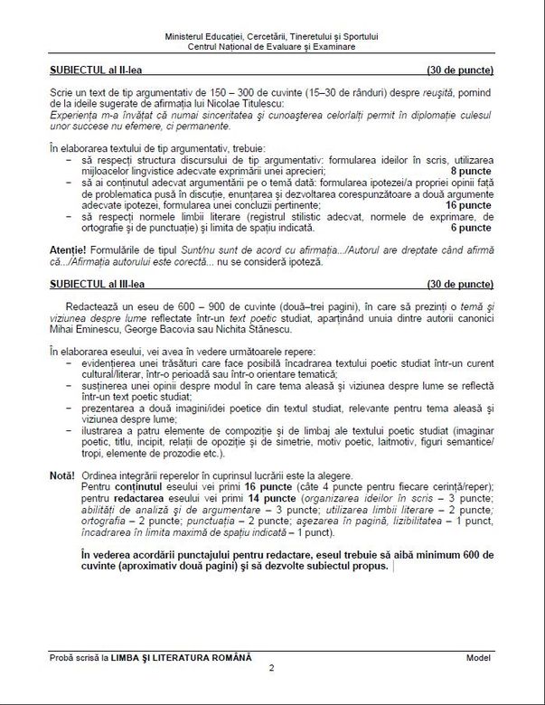 BACALAUREAT 2012. Modele de subiecte limba şi literatura română