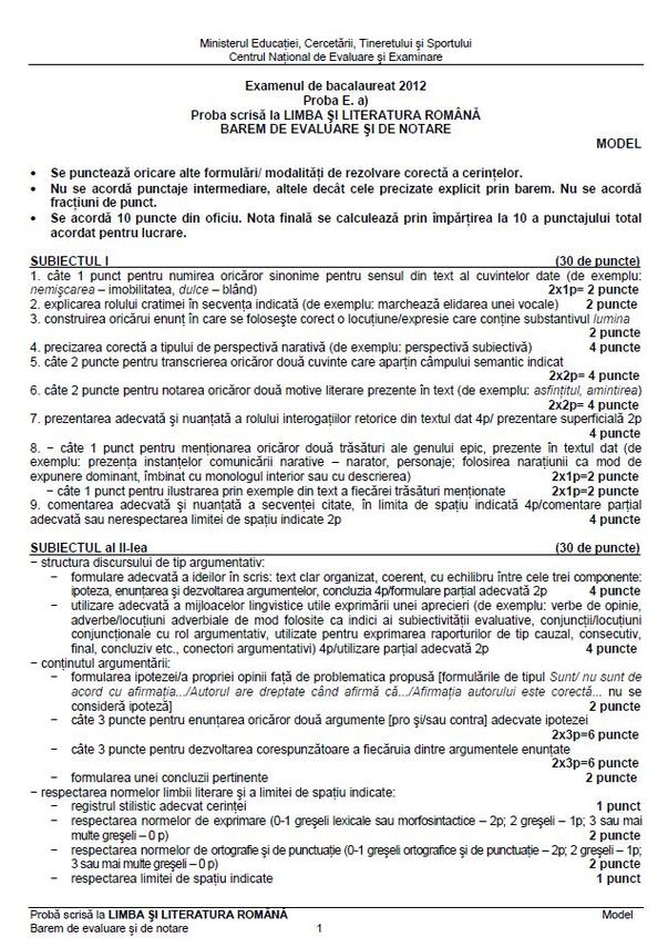BACALAUREAT 2012. Modele de subiecte limba şi literatura română
