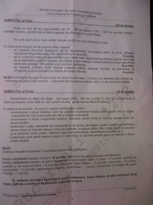 BAC 2012 - Subiectele la limba şi literatura română, proba scrisă