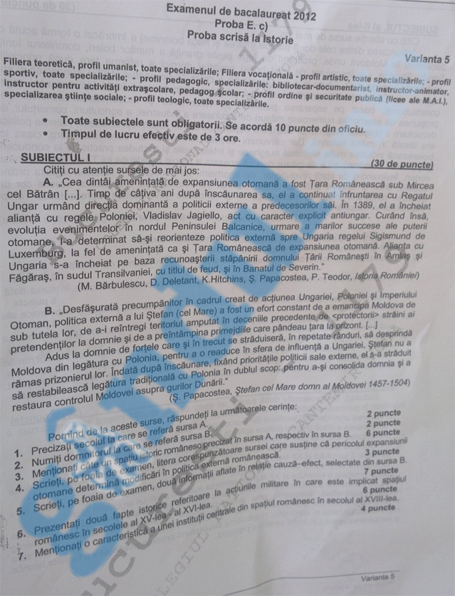BAC 2012. SUBIECTELE LA ISTORIE. Tu ai fi ştiut ce să scrii?