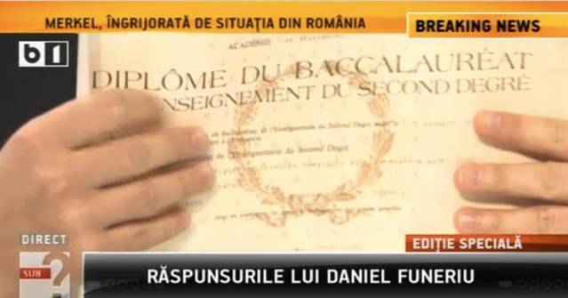 Funeriu şi-a arătat la TV diploma de bacalaureat Funeriu şi-a arătat la TV diploma de bacalaureat