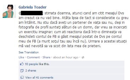 Gabriela Cristea, atacată pe Facebook: ”Ți-a murit soțul sau încă nu?”