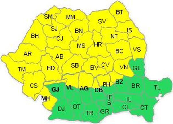 COD GALBEN de NINSORI, VISCOL şi POLEI în 8 judeţe, PLOI în Dobrogea, Muntenia, Oltenia şi Banat