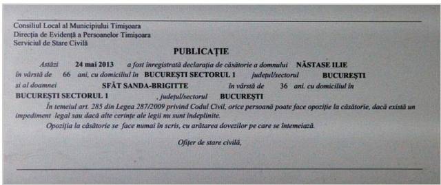 Iată documentul care demonstrează că Ilie Năstase se căsătoreşte cu Brigitte Sfăt. Foto în text