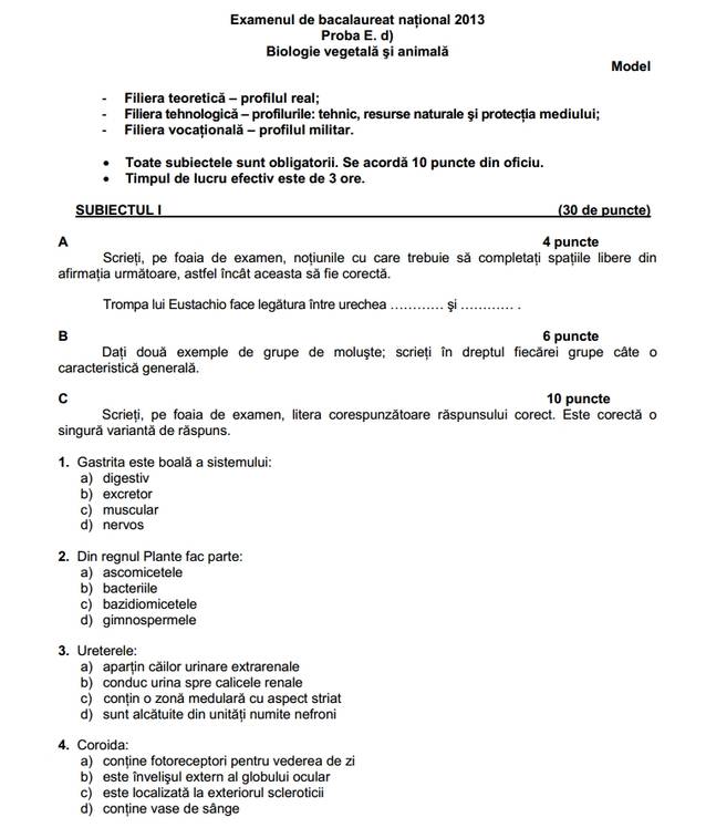 BACALAUREAT 2013 | SUBIECTELE ŞI BAREMELE la proba de biologie