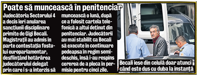 Libertatea a aflat cum decurge o zi din viaţa finanţatorului Stelei la puşcărie! Lui Gigi Becali îi cântă cocoşul la ora 6.00