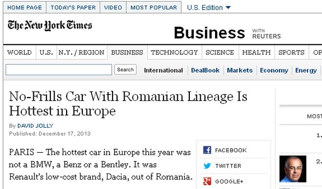 New York Times ridică în slăvi Dacia: «O maşină din România, cea mai tare din Europa»