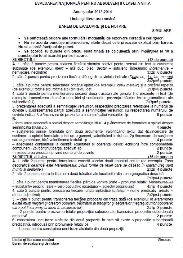 SIMULARE EXAMENE NAŢIONALE 2014. Iată SUBIECTELE la Limba română şi BAREMUL DE CORECTARE