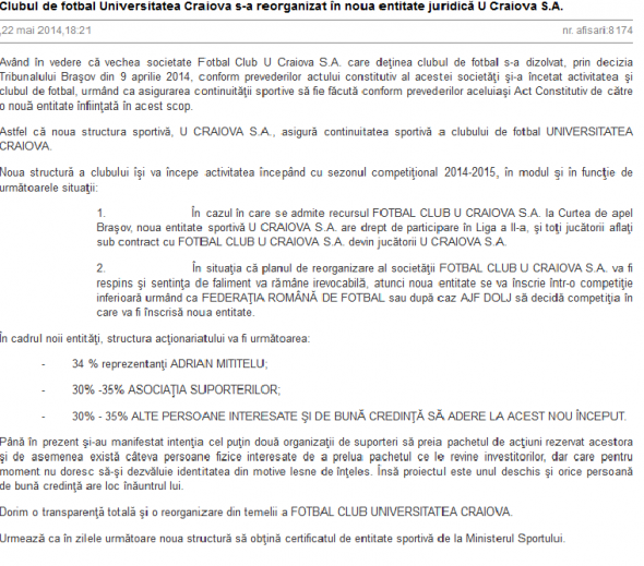  comunicat, fc u craiova, u craiova sa