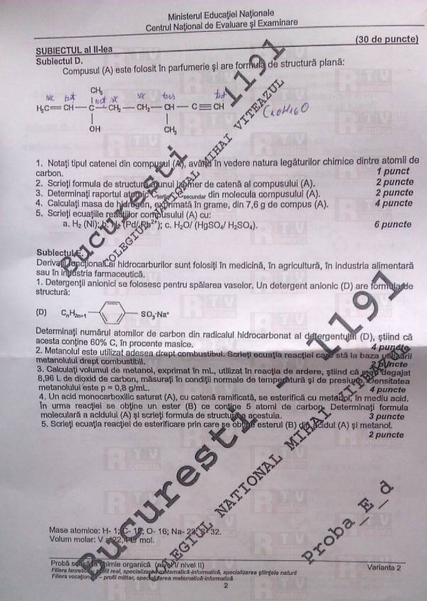 BACALAUREAT 2014 | SUBIECTELE la CHIMIE de anul trecut, pentru candidaţii la proba la alegere