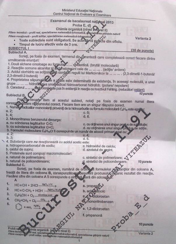 BACALAUREAT 2014 | SUBIECTELE la CHIMIE de anul trecut, pentru candidaţii la proba la alegere