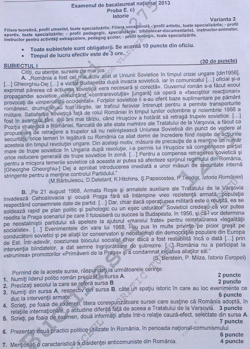 BACALAUREAT 2014 | SUBIECTELE LA ISTORIE la EXAMENUL DE ANUL TRECUT