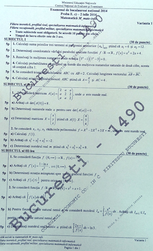 BACALAUREAT 2014: SUBIECTELE la matematică şi istorie