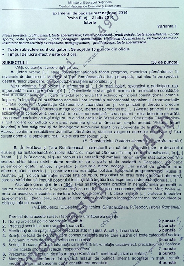 BACALAUREAT 2014: SUBIECTELE la matematică şi istorie