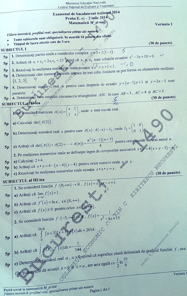BACALAUREAT 2014: SUBIECTELE la matematică şi istorie