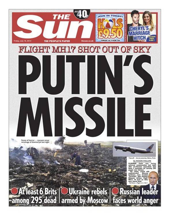 TABLOIDUL THE SUN acuză: "ZBORUL MH17, DOBORÂT DE RACHETA LUI PUTIN"