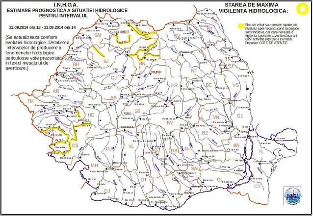 COD GALBEN de inundaţii pe cursuri de apă din cinci judeţe