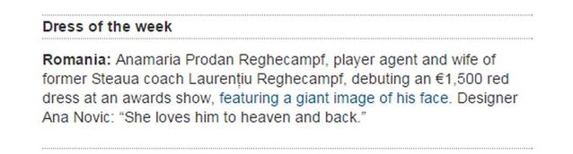 ANAMARIA PRODAN, SENZAȚIE în ”The Guardian”. ROCHIA CU CHIPUL LUI REGHE, declarată ȚINUTA SĂPTĂMÂNII de jurnaliștii britanici