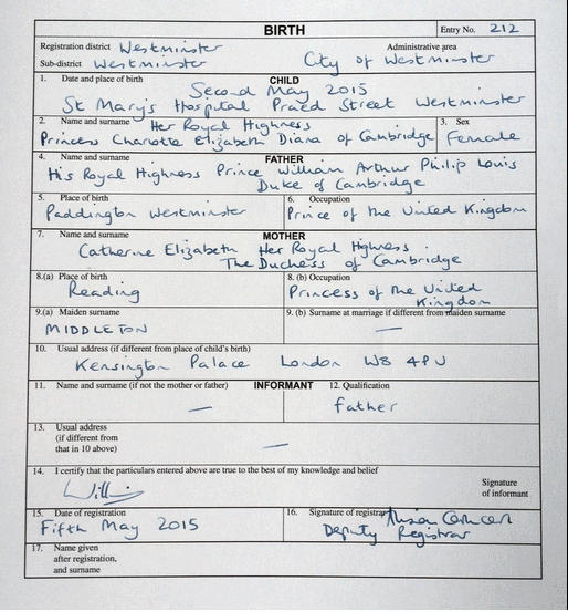 Ce scrie în CERTIFICATUL DE NAŞTERE al micuţei prinţese Charlotte Elizabeth Diana. Iată ce ocupaţii au, OFICIAL, părinţii William şi Kate