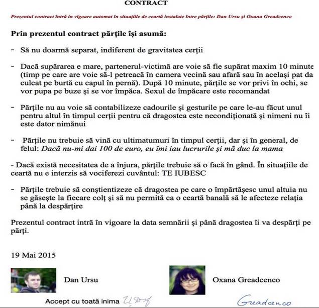 Un cuplu de peste Prut a semnat un contract anti-ceartă