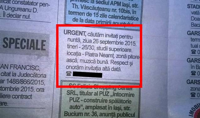 CEA MAI CIUDATĂ invitație la o nuntă! Doi însurăței din Piatra Neamț au uluit tot orașul | FOTO