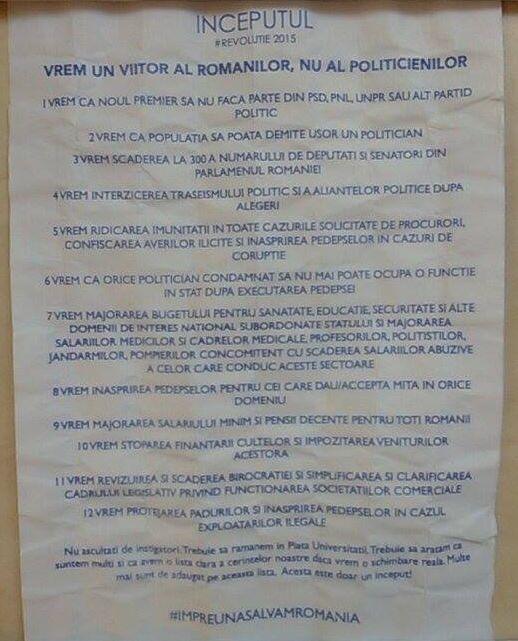 Aceasta este lista revendicărilor întocmită de protestatari. Cele 12 dorinţe ale străzii