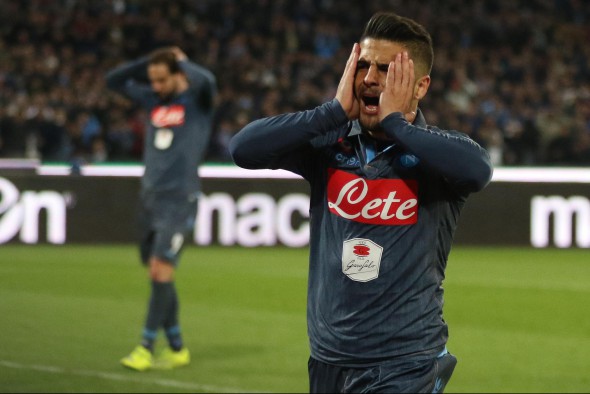 Lorenzo Insigne of SSC Napoli reacts during the Coppa Italia semi final second leg soccer match between SSC Napoli and SS Lazio at San Paolo stadium in Naples, Italy, 08 April 2015. EPA/CESARE ABBATE