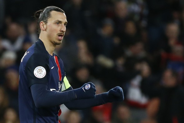 epa05121015 Paris Saint Germain player Zlatan Ibrahimovic celebrates scoring the opening goal during the soccer ligue 1 match between Paris Saint Germain and Angers, in Paris, France, 23 January 2016. EPA/IAN LANGSDON