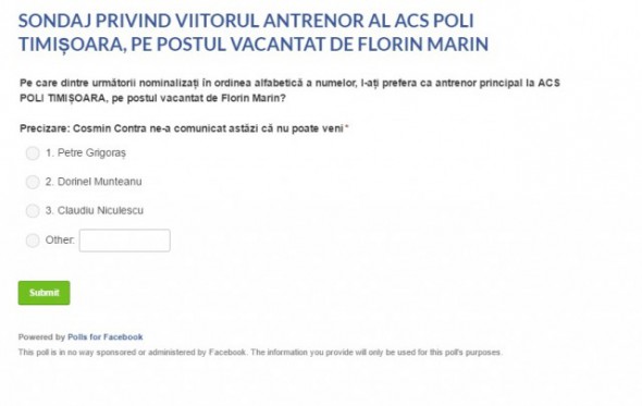Banatul, patria democraţiei: ACS Poli Timişoara îşi alege antrenor pe Facebook